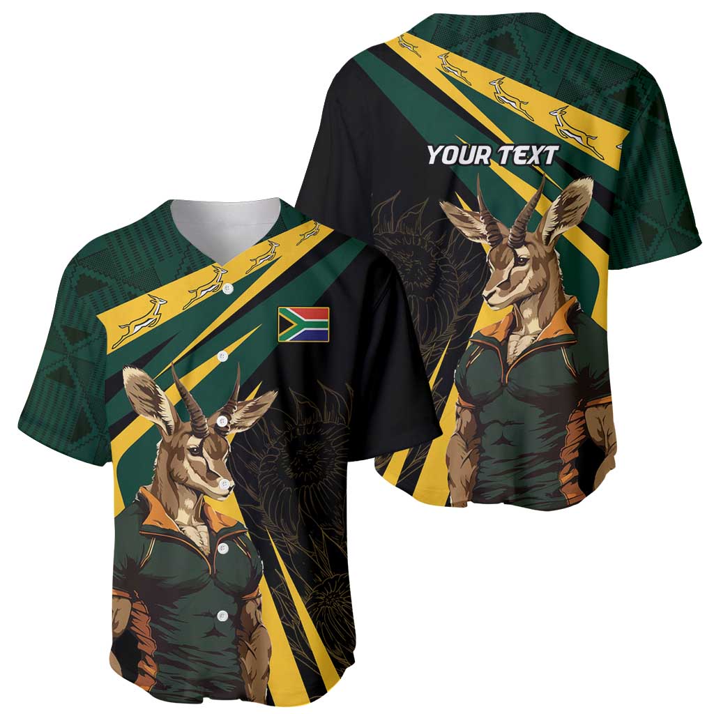 Two baseball jerseys in black with green-yellow stripe, Springbok mascot, and 'YOUR TEXT'
