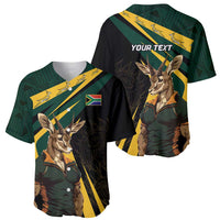 Two baseball jerseys in black with green-yellow stripe, Springbok mascot, and 'YOUR TEXT'