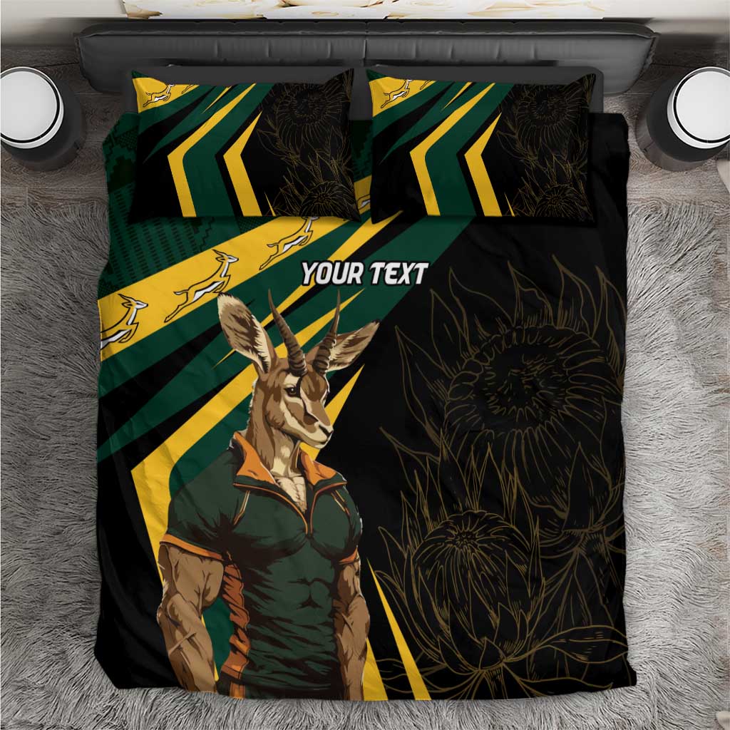 Top view black duvet and pillows with springbok mascot, green/yellow chevrons, 'YOUR TEXT'