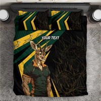 Top view black duvet and pillows with springbok mascot, green/yellow chevrons, 'YOUR TEXT'