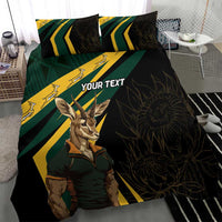Black bedding set with springbok mascot, green/yellow stripes, centered 'YOUR TEXT' panel