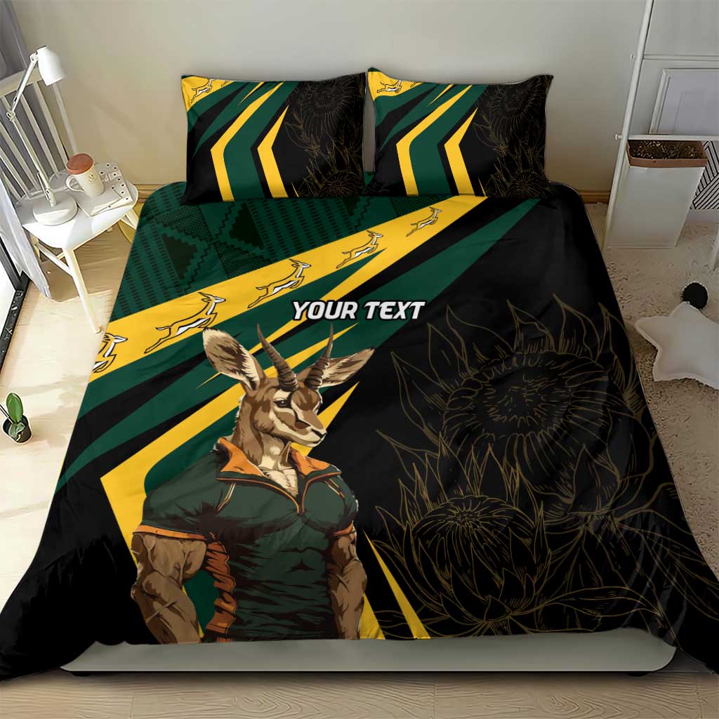 Black duvet and matching pillows with springbok mascot, green/yellow stripe bands, 'YOUR TEXT'