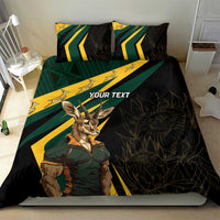 Black duvet and matching pillows with springbok mascot, green/yellow stripe bands, 'YOUR TEXT'
