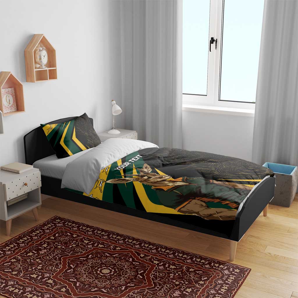 Black duvet and pillows with springbok mascot artwork and green/yellow diagonal stripe design