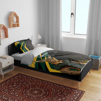 Black duvet and pillows with springbok mascot artwork and green/yellow diagonal stripe design