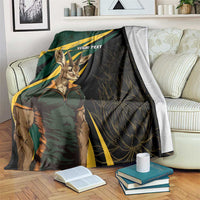 Personalized springbok mascot blanket in dark green and black with “YOUR TEXT”