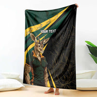 Personalized springbok mascot blanket with “YOUR TEXT” and yellow-green diagonal stripes