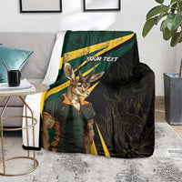 Personalized springbok mascot throw blanket with “YOUR TEXT” on dark green and black