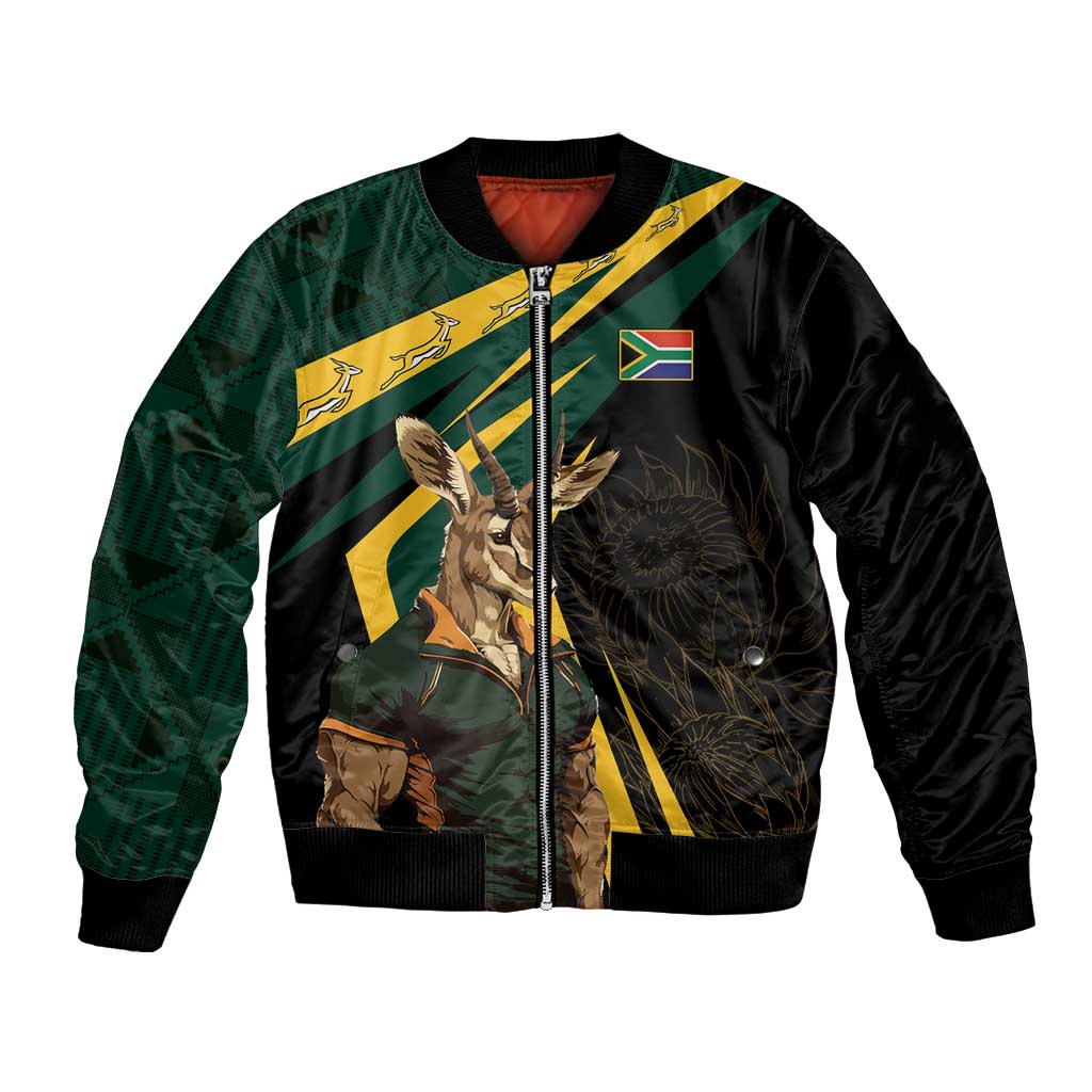 Personalized bomber jacket, black front zip with green/yellow Springbok mascot print
