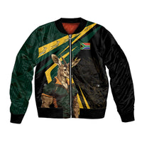 Personalized bomber jacket, black front zip with green/yellow Springbok mascot print