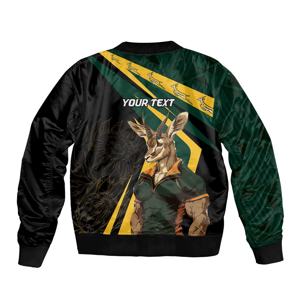 Personalized bomber jacket, black with green/yellow Springbok mascot and 'YOUR TEXT' back print