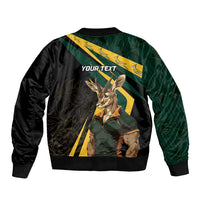 Personalized bomber jacket, black with green/yellow Springbok mascot and 'YOUR TEXT' back print