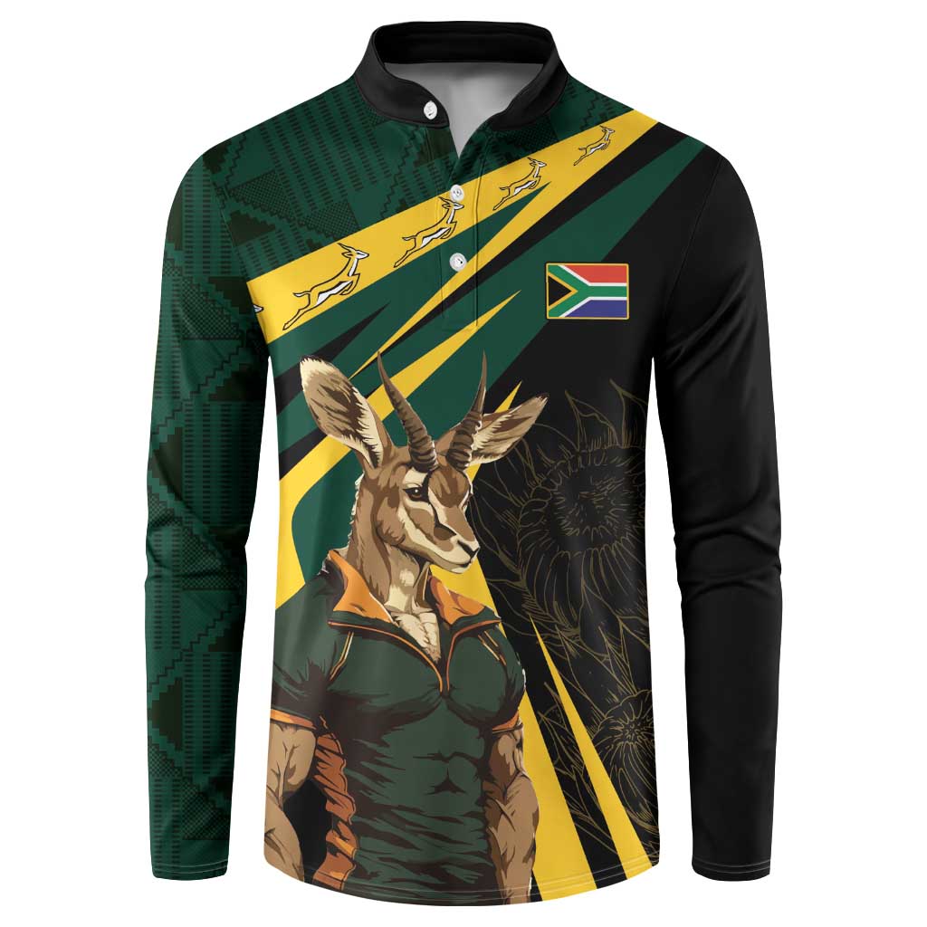 Black long-sleeve button sweatshirt with green/yellow Springbok mascot front graphic