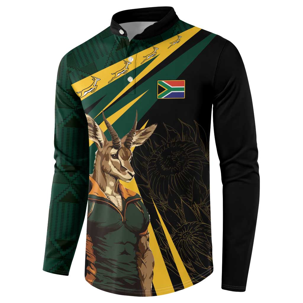 Black long-sleeve button sweatshirt with green/yellow Springbok mascot and flag patch