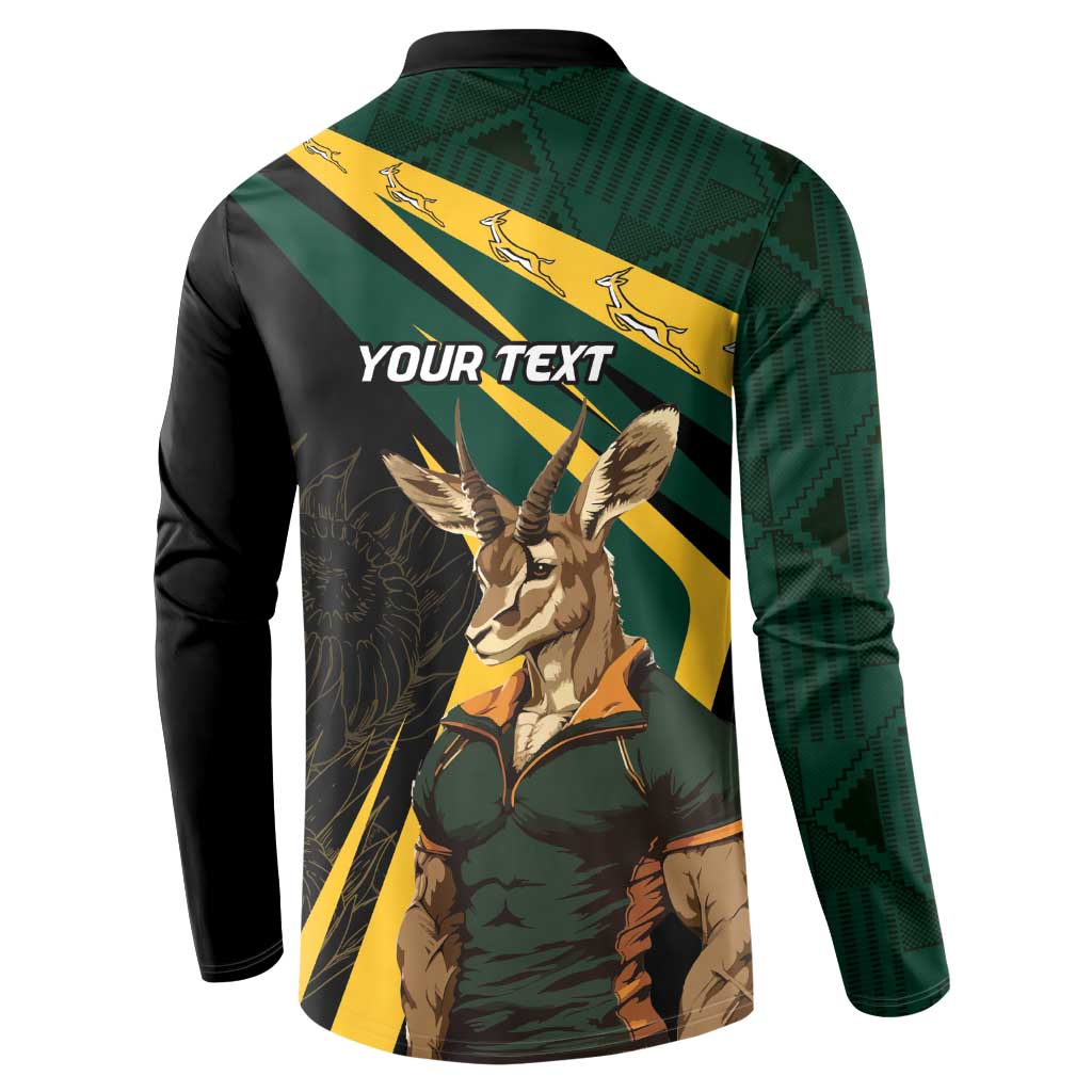 Black long-sleeve button sweatshirt, back graphic with 'YOUR TEXT' and Springbok