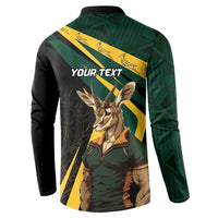 Black long-sleeve button sweatshirt, back graphic with 'YOUR TEXT' and Springbok