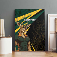 Springbok mascot canvas wall art on a wall with “Your text” and green, yellow accents