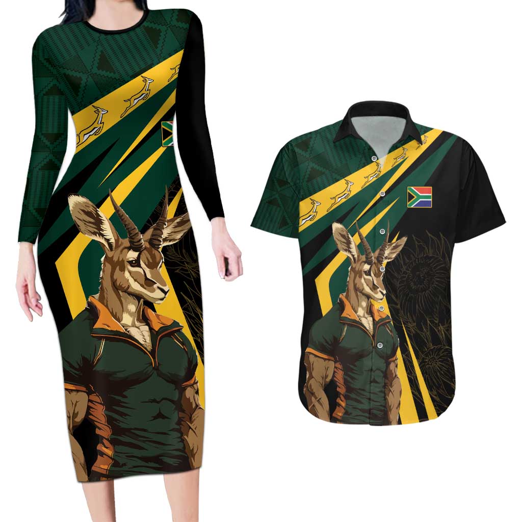 South Africa Personalised Couples Matching Long Sleeve Bodycon Dress and Hawaiian Shirt Springbok Mascot Dynamic LT7 - Wonder Print Shop