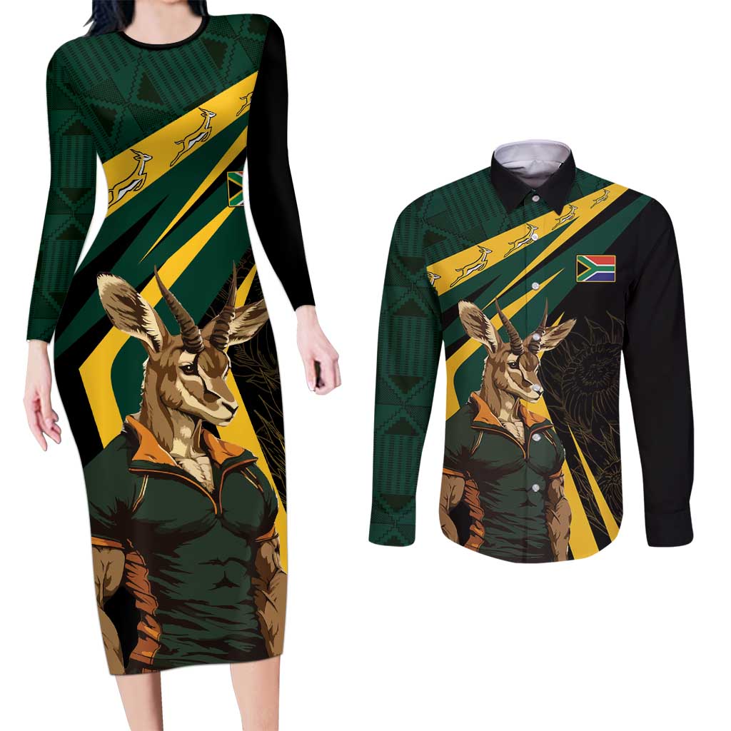 South Africa Personalised Couples Matching Long Sleeve Bodycon Dress and Long Sleeve Button Shirt Springbok Mascot Dynamic LT7 - Wonder Print Shop