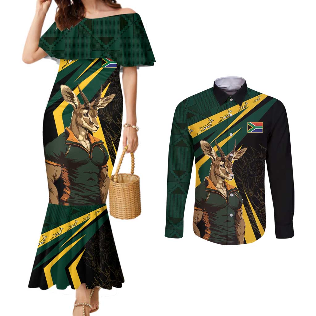 South Africa Personalised Couples Matching Mermaid Dress and Long Sleeve Button Shirt Springbok Mascot Dynamic