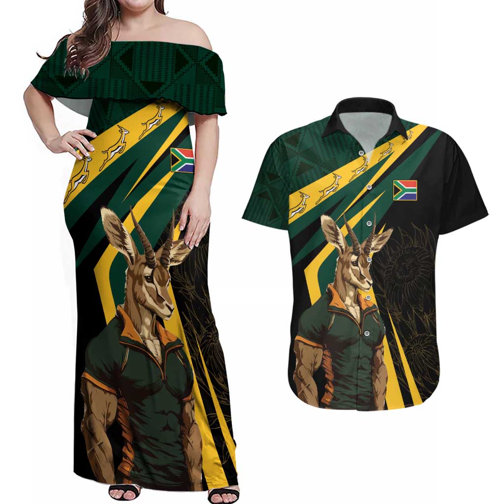 South Africa Personalised Couples Matching Off Shoulder Maxi Dress and Hawaiian Shirt Springbok Mascot Dynamic LT7 - Wonder Print Shop