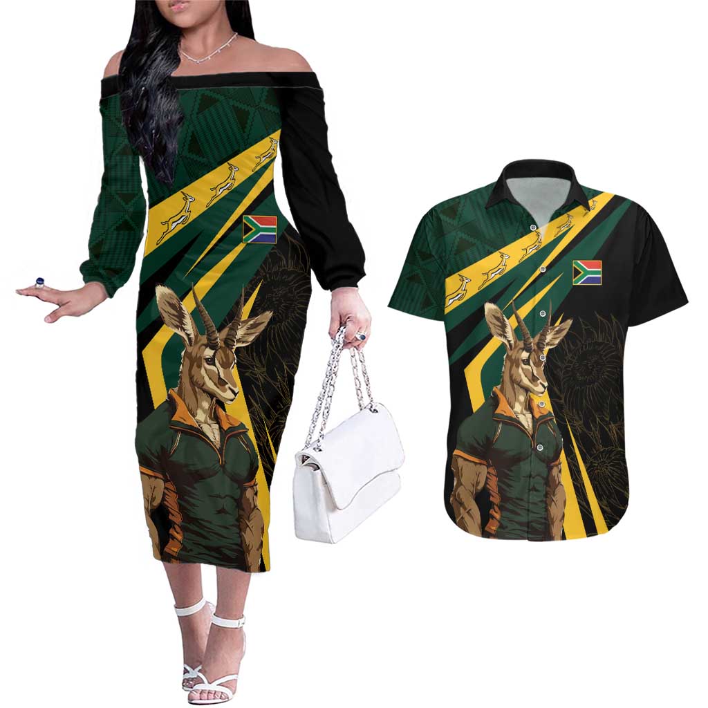 South Africa Personalised Couples Matching Off The Shoulder Long Sleeve Dress and Hawaiian Shirt Springbok Mascot Dynamic LT7 - Wonder Print Shop