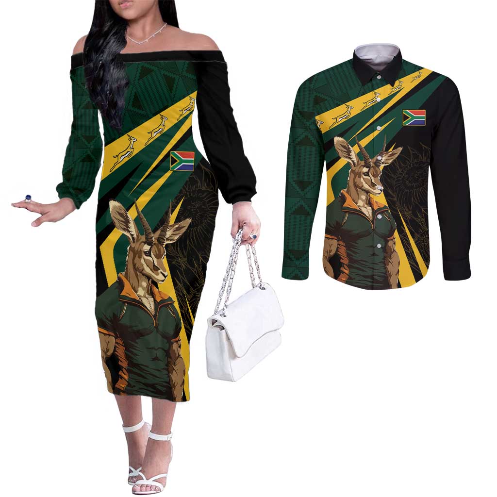 South Africa Personalised Couples Matching Off The Shoulder Long Sleeve Dress and Long Sleeve Button Shirt Springbok Mascot Dynamic