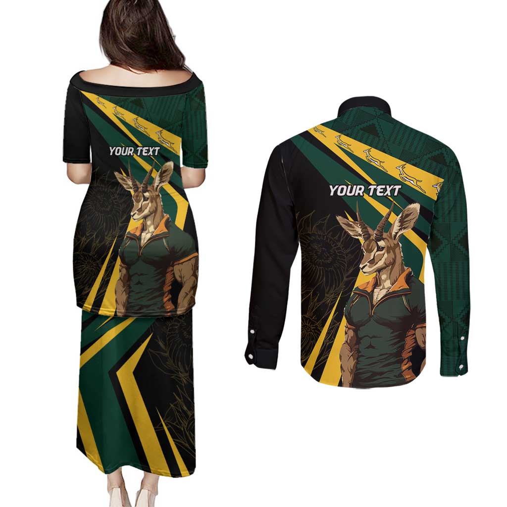 South Africa Personalised Couples Matching Puletasi and Long Sleeve Button Shirt Springbok Mascot Dynamic LT7 - Wonder Print Shop