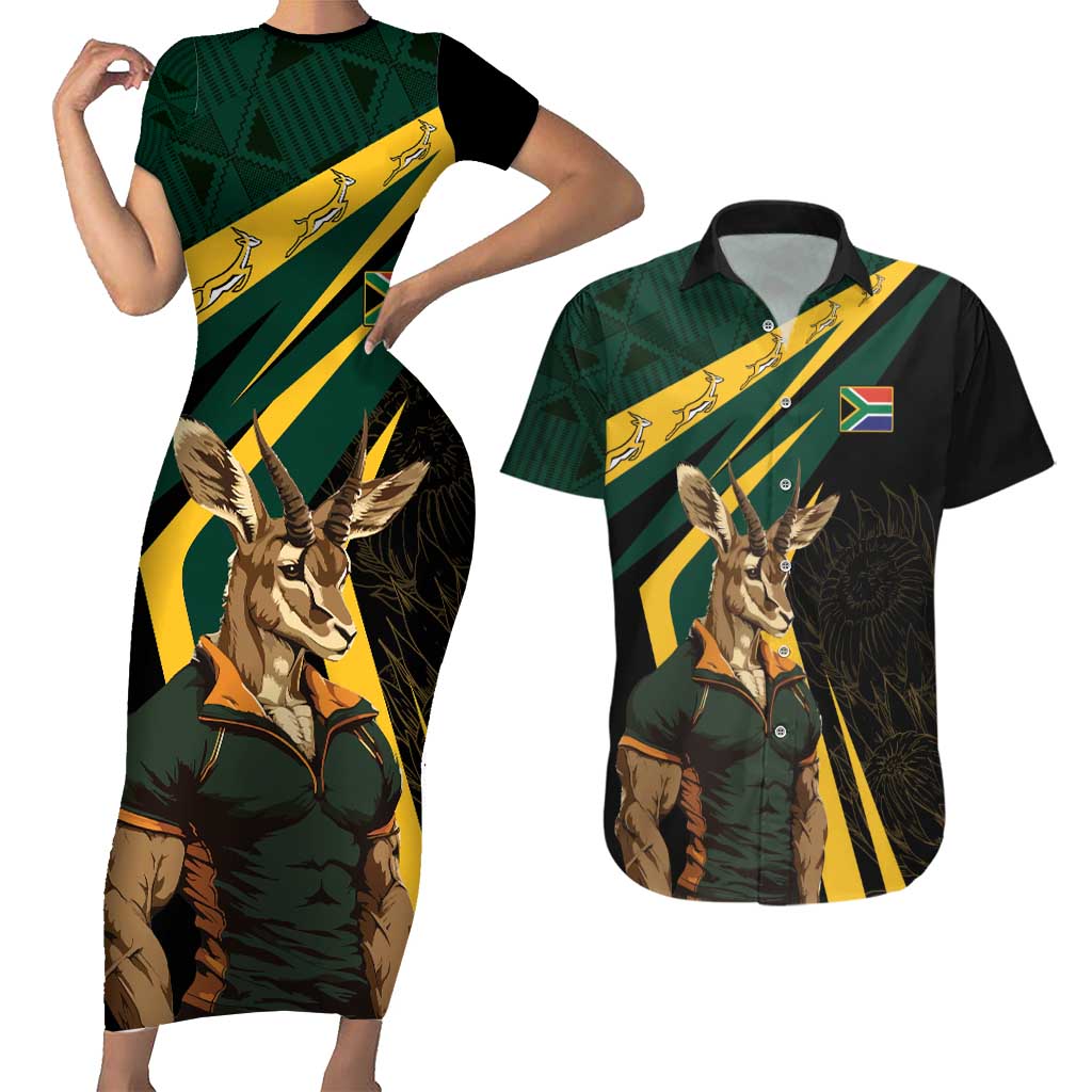 South Africa Personalised Couples Matching Short Sleeve Bodycon Dress and Hawaiian Shirt Springbok Mascot Dynamic LT7 - Wonder Print Shop