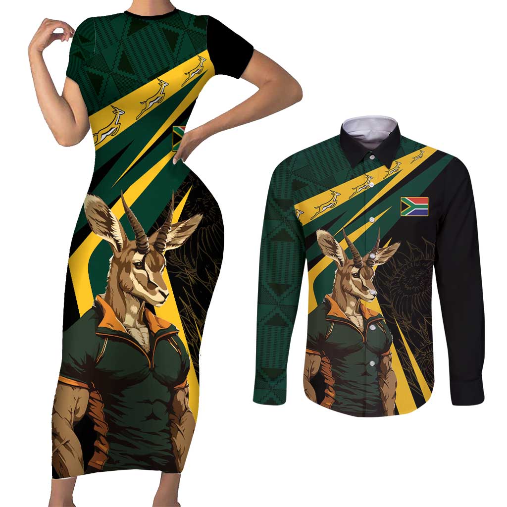 South Africa Personalised Couples Matching Short Sleeve Bodycon Dress and Long Sleeve Button Shirt Springbok Mascot Dynamic LT7 - Wonder Print Shop