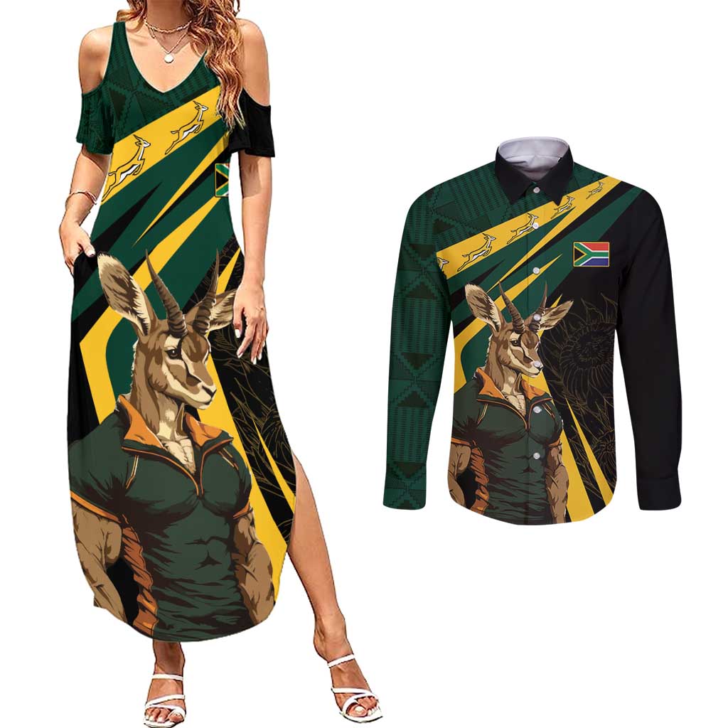 South Africa Personalised Couples Matching Summer Maxi Dress and Long Sleeve Button Shirt Springbok Mascot Dynamic LT7 - Wonder Print Shop