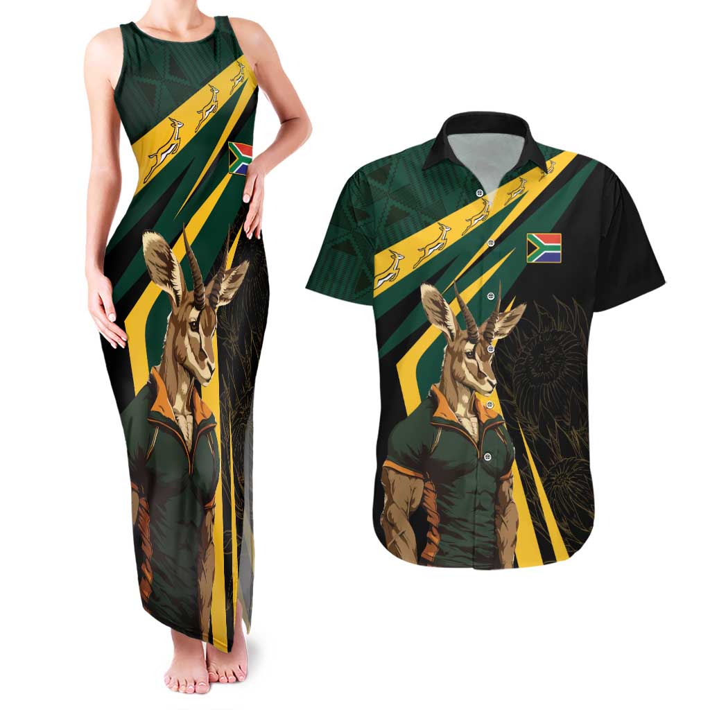 South Africa Personalised Couples Matching Tank Maxi Dress and Hawaiian Shirt Springbok Mascot Dynamic LT7 - Wonder Print Shop