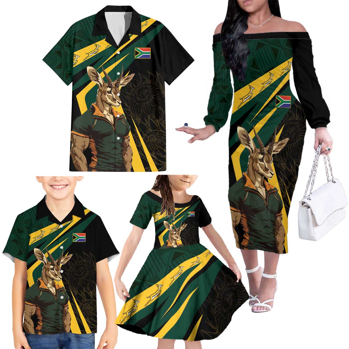 South Africa Personalised Family Matching Off The Shoulder Long Sleeve Dress and Hawaiian Shirt Springbok Mascot Dynamic - Wonder Print Shop