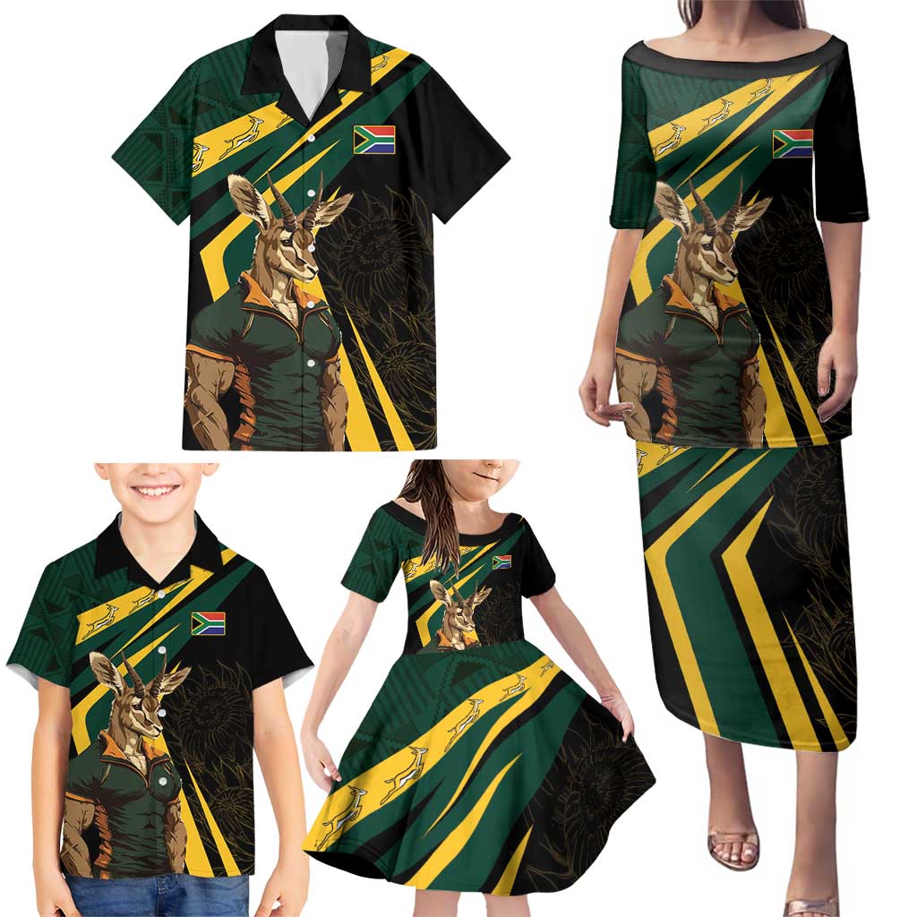 South Africa Personalised Family Matching Puletasi and Hawaiian Shirt Springbok Mascot Dynamic - Wonder Print Shop