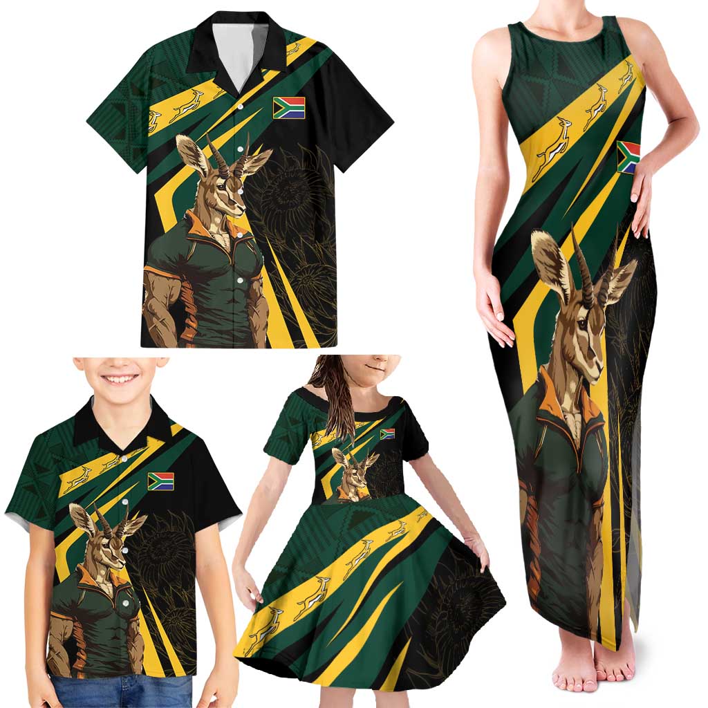 South Africa Personalised Family Matching Tank Maxi Dress and Hawaiian Shirt Springbok Mascot Dynamic - Wonder Print Shop