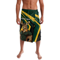 Personalized springbok mascot swim shorts with green, yellow, black panels and 'Your Text'