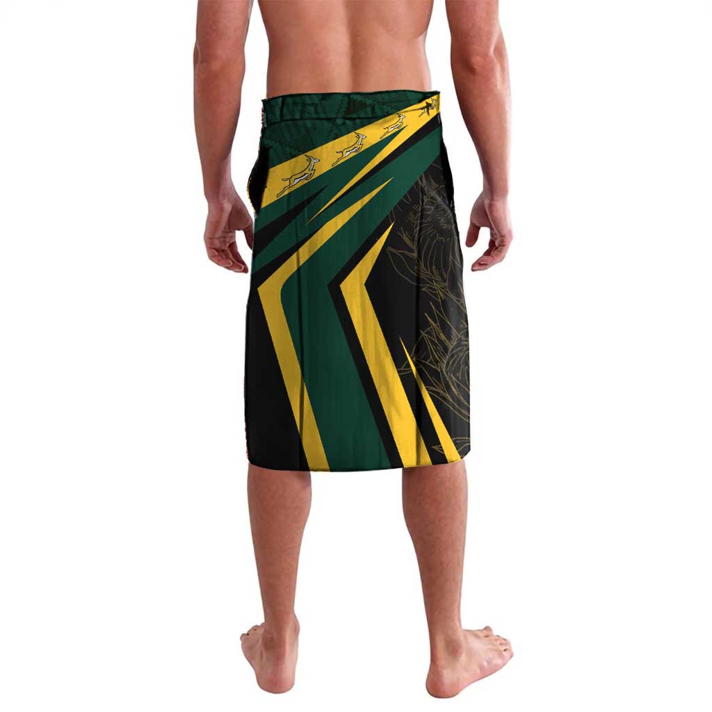 Personalized springbok mascot swim shorts in dark green and black with yellow geometric stripe
