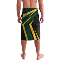 Personalized springbok mascot swim shorts in dark green and black with yellow geometric stripe