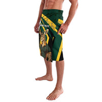 Personalized springbok mascot swim shorts in green, black, and yellow with figure graphic