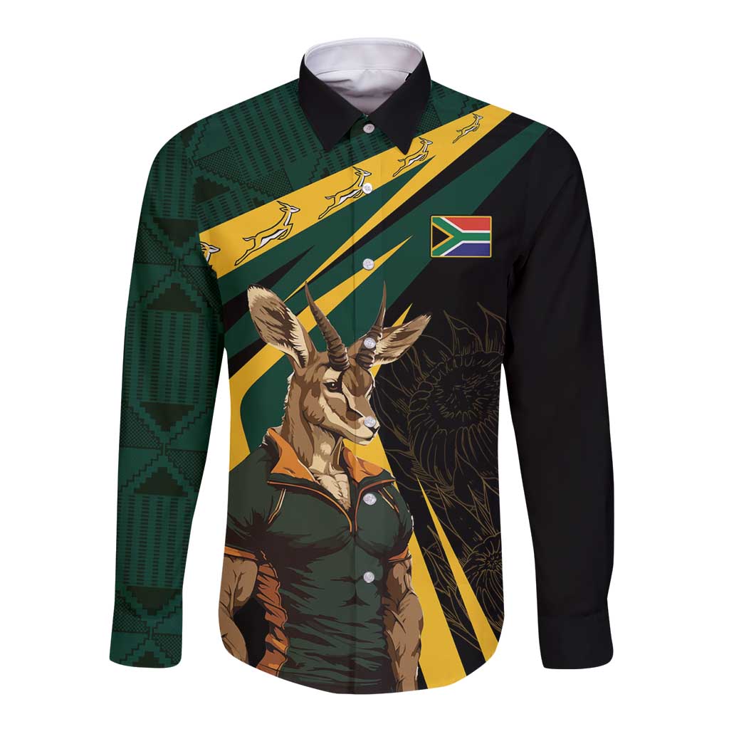 Long-sleeve button shirt with springbok mascot, diagonal flag sash, dark black/green