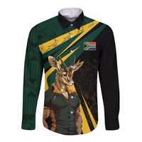Long-sleeve button shirt with springbok mascot, diagonal flag sash, dark black/green