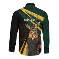 Long-sleeve button shirt back with springbok art and 'YOUR TEXT' band, black/green