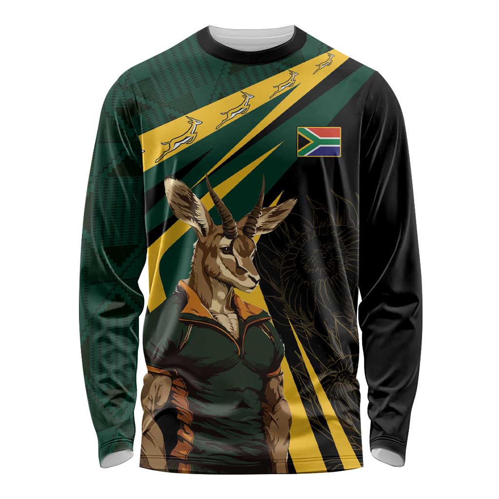 South Africa Personalised Long Sleeve Shirt Springbok Mascot Dynamic - Wonder Print Shop