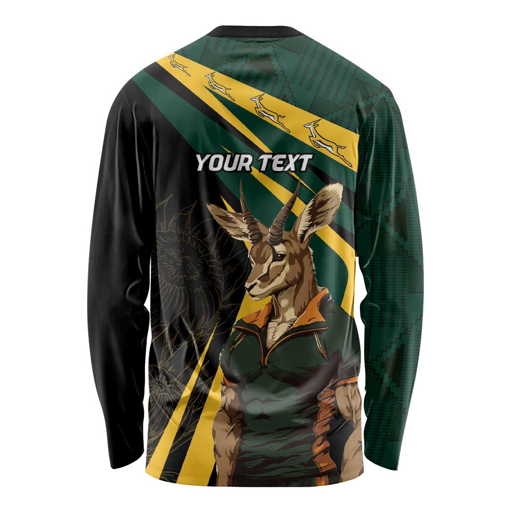 Long sleeve shirt with Springbok mascot, South Africa flag stripe, and "YOUR TEXT" on back