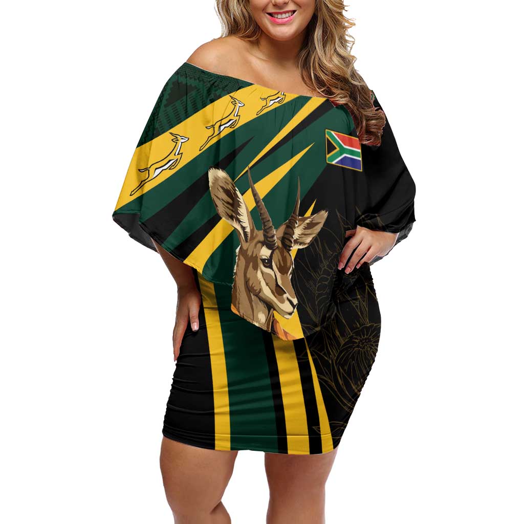 South Africa Personalised Off Shoulder Short Dress Springbok Mascot Dynamic - Wonder Print Shop