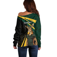 Women’s off-shoulder sweater back with 'YOUR TEXT' and Springbok mascot graphic in green/black