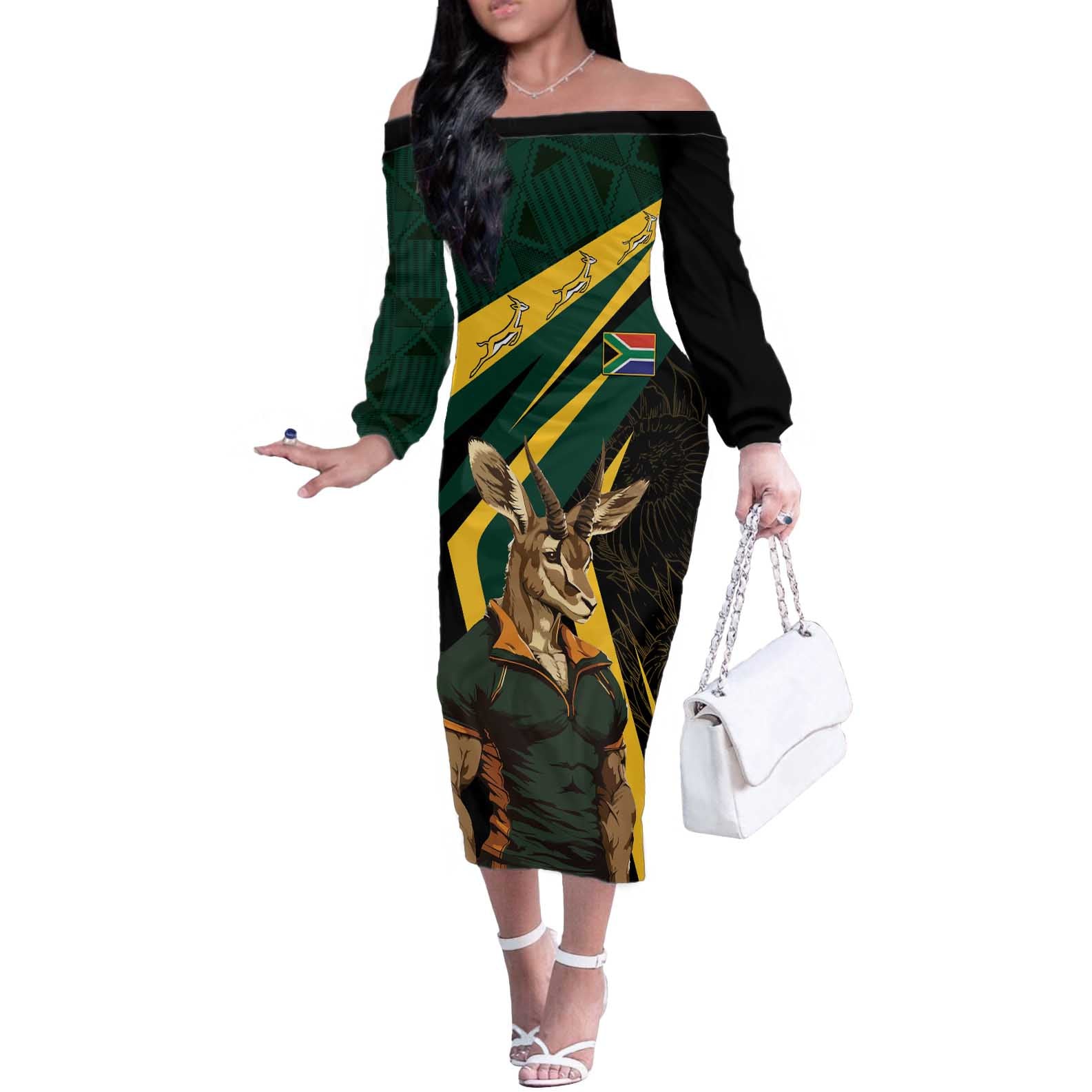 South Africa Personalised Off The Shoulder Long Sleeve Dress Springbok Mascot Dynamic - Wonder Print Shop