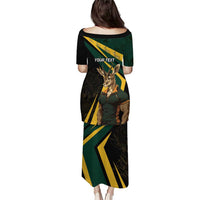 Long short-sleeve dress in black with green/yellow mascot print and 'YOUR TEXT' on back