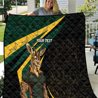 Personalised quilt shown outdoors, South Africa flag print with springbok, black, custom text
