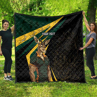 Personalised quilt on grass, South Africa flag print and springbok graphic, black, custom text